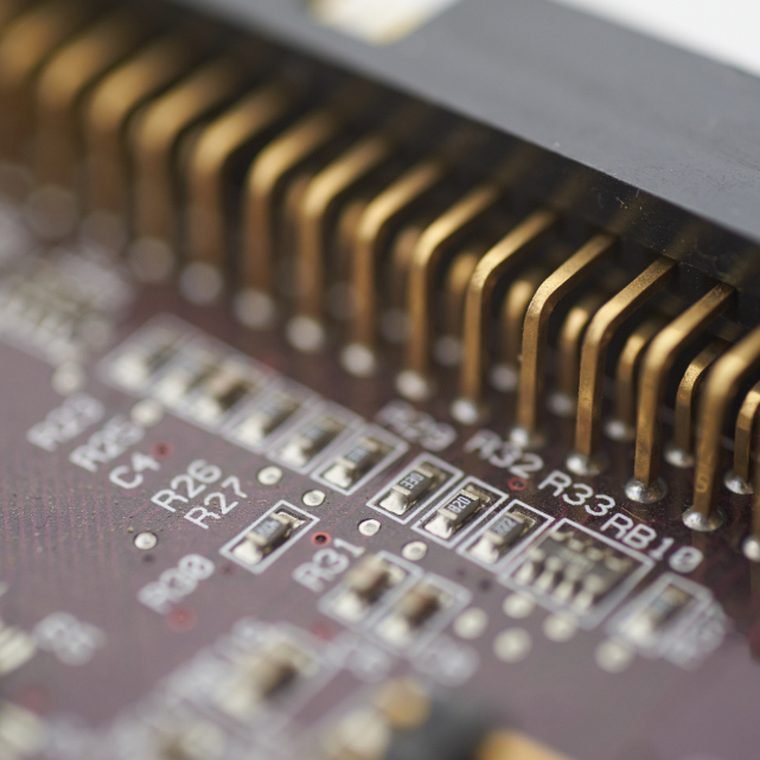 Macro photograph of a computer memory module contact edge